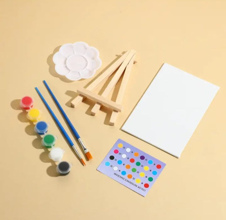 Canvas &Easel Set with 2 Brushes, Palette and paints