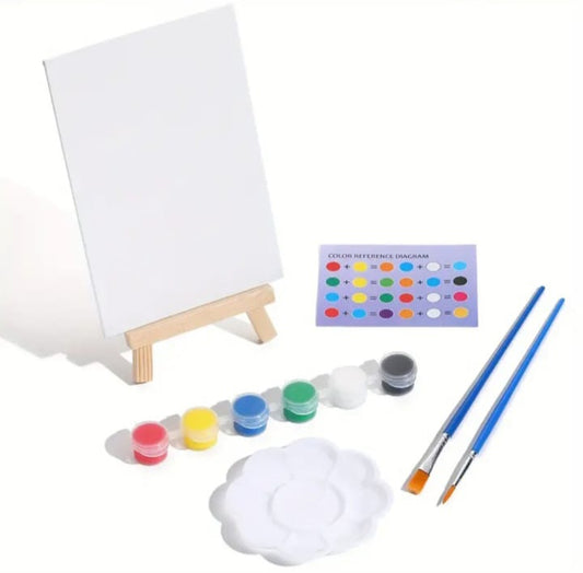 Canvas &Easel Set with 2 Brushes, Palette and paints